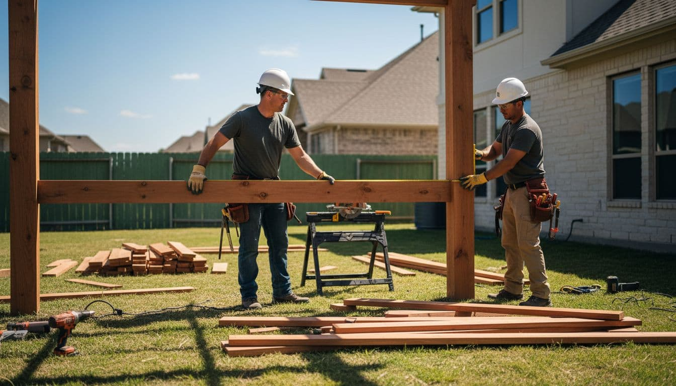 Two professional installers in safety gear frame a cedar patio cover in a sunny North Texas backyard, surrounded by tools and lumber on the grass. Side-angle action shot highlights precise measurements and assembly in cinematic style with dramatic midday lighting.