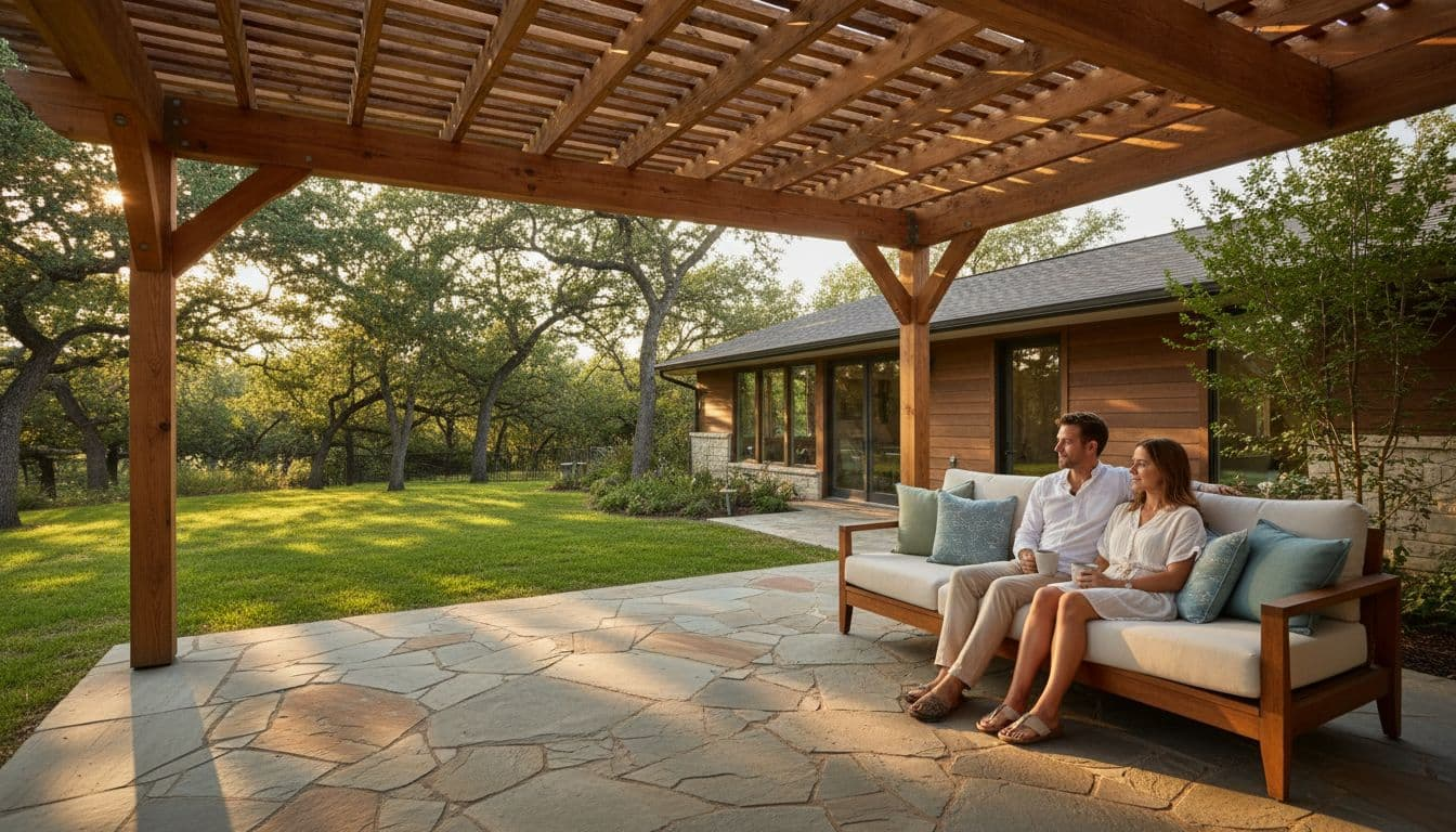 Cedar patio cover shading a cozy backyard seating area attached to a modern ranch-style home in North Texas, with golden hour sunlight filtering through slats onto stone patio floor and a couple relaxing on outdoor sofa with coffee mugs against lush green lawn.