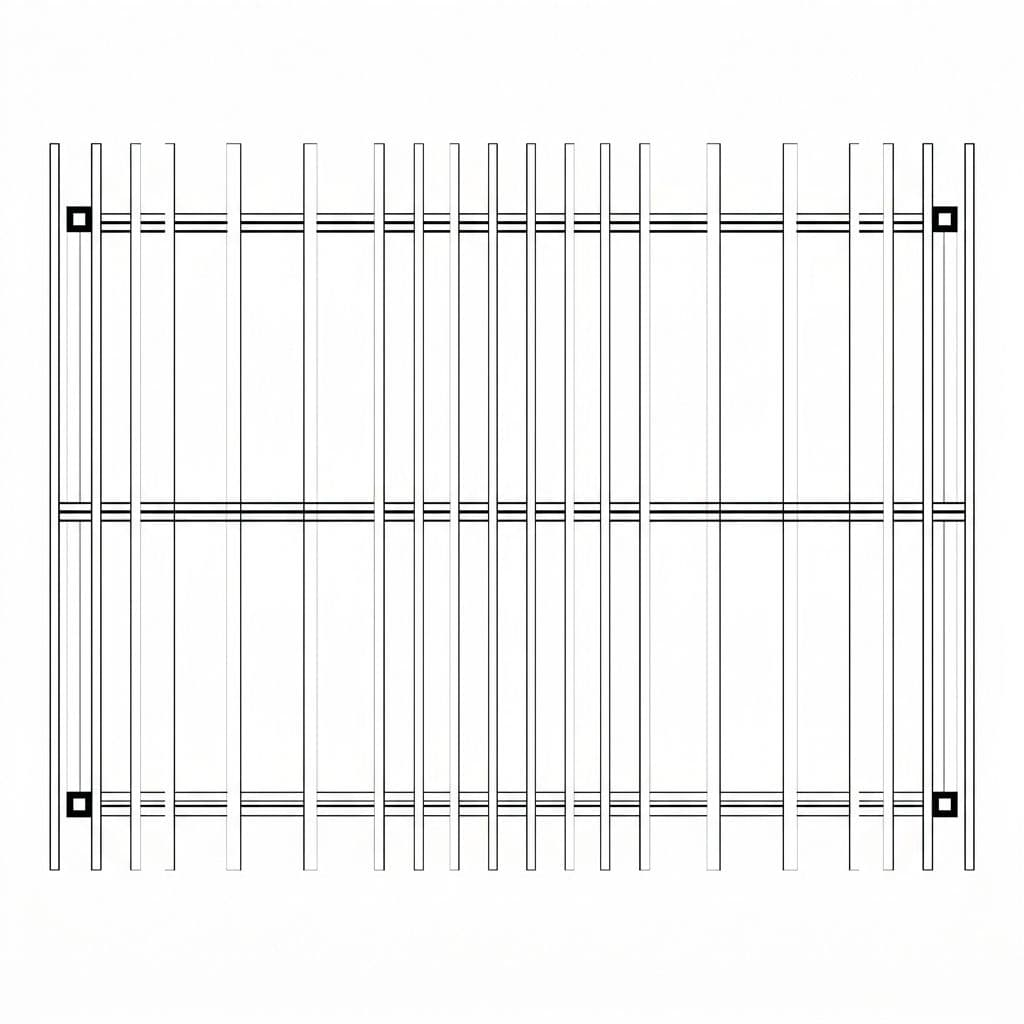 Top-down technical diagram of cedar patio cover layout with exactly four posts at corners and mid-span, beam outline, and rafter spacing lines in vector blueprint style on white background.