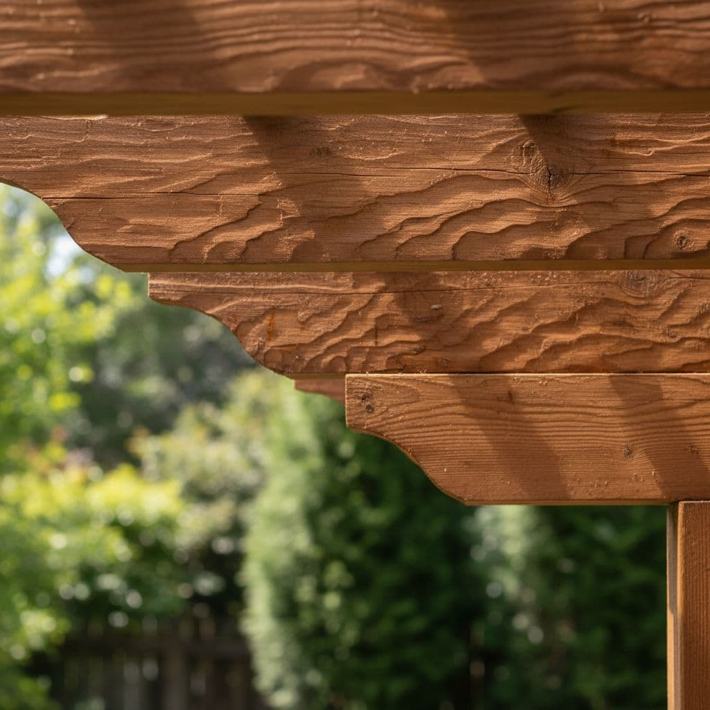 Close-up of premium cedar wood texture on patio cover beams and shingles, featuring natural grain, slight weathering, and warm brown tones against blurred backyard greenery. Cinematic lighting with strong contrast highlights intricate wood details for realism.