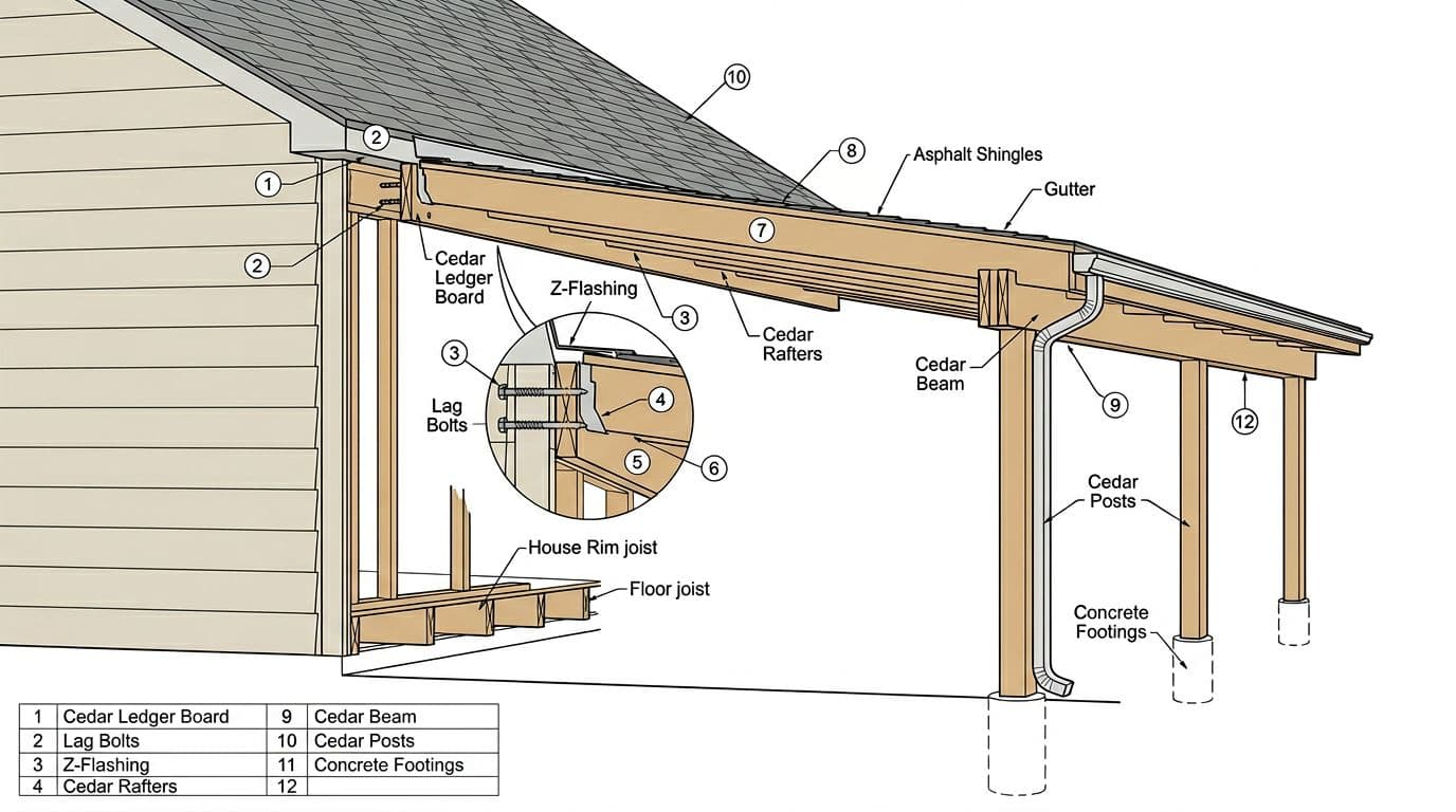 Clean vector line art side view diagram of a completed cedar patio cover attached to a North Texas home, highlighting ledger board, rafters, sloped shingled roof, Z-flashing, and drainage gap with numbered callouts.