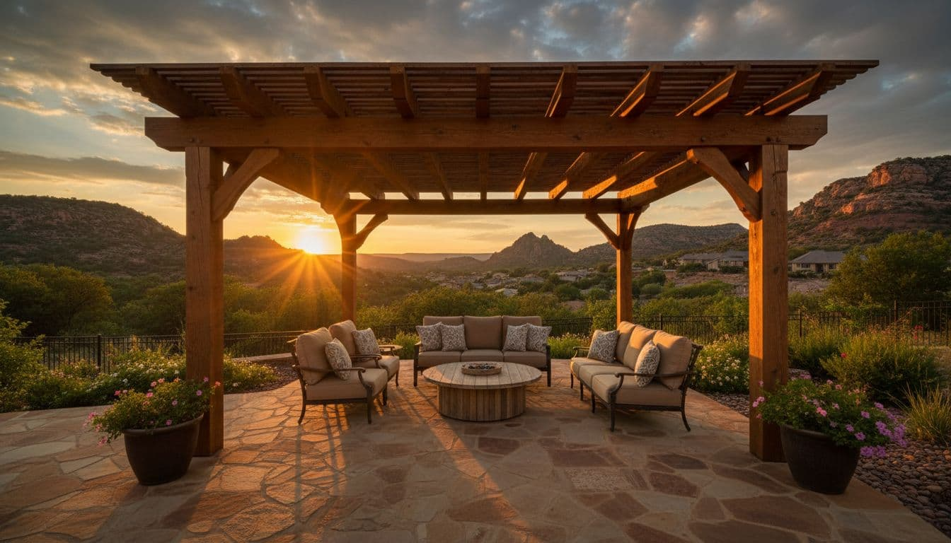 Sturdy cedar patio cover shading a spacious outdoor living area with stone flooring and comfortable furniture in a lush suburban backyard near rocky hills like Copper Canyon, Texas. Wide landscape composition in cinematic style with strong contrast, depth, and dramatic warm sunset lighting.