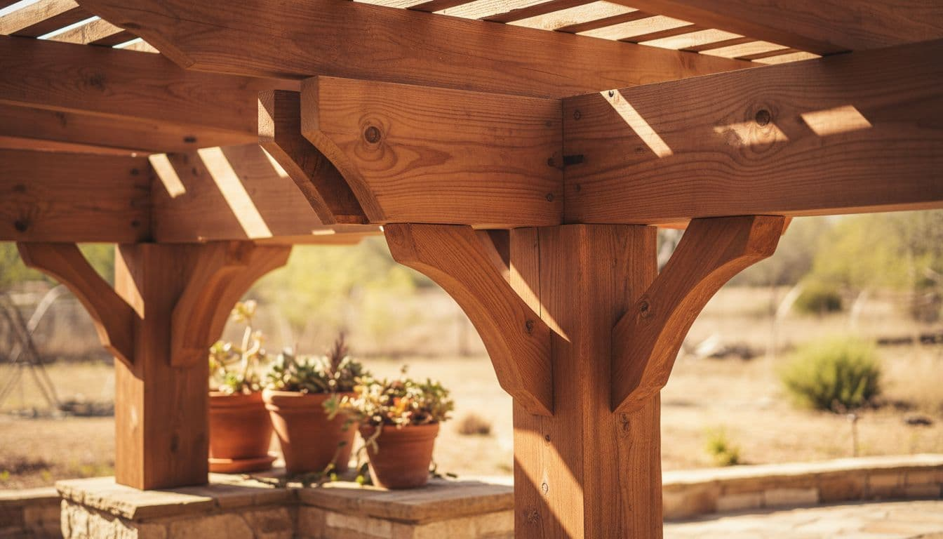 Detailed close-up of high-quality cedar wood beams and panels forming a robust pergola frame in a sunny Texas backyard, highlighting visible wood grain, natural reddish tones, material texture, and structural strength.