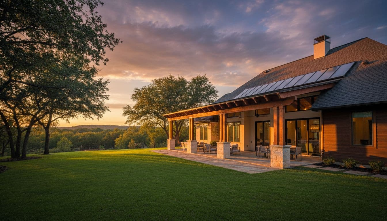 Elegant cedar patio cover seamlessly attached to a modern North Texas suburban home, matching roofline, siding, and style, viewed from backyard at golden hour sunset with lush green lawn and mature trees in cinematic style.