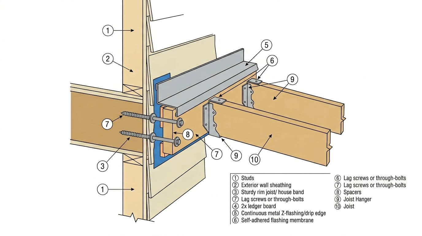 Instructional technical diagram showing correct ledger board installation for an attached patio cover on a wood-framed house, including Z-flashing, self-adhered membrane, lag screws, joist hangers, and drainage details with numbered callouts.