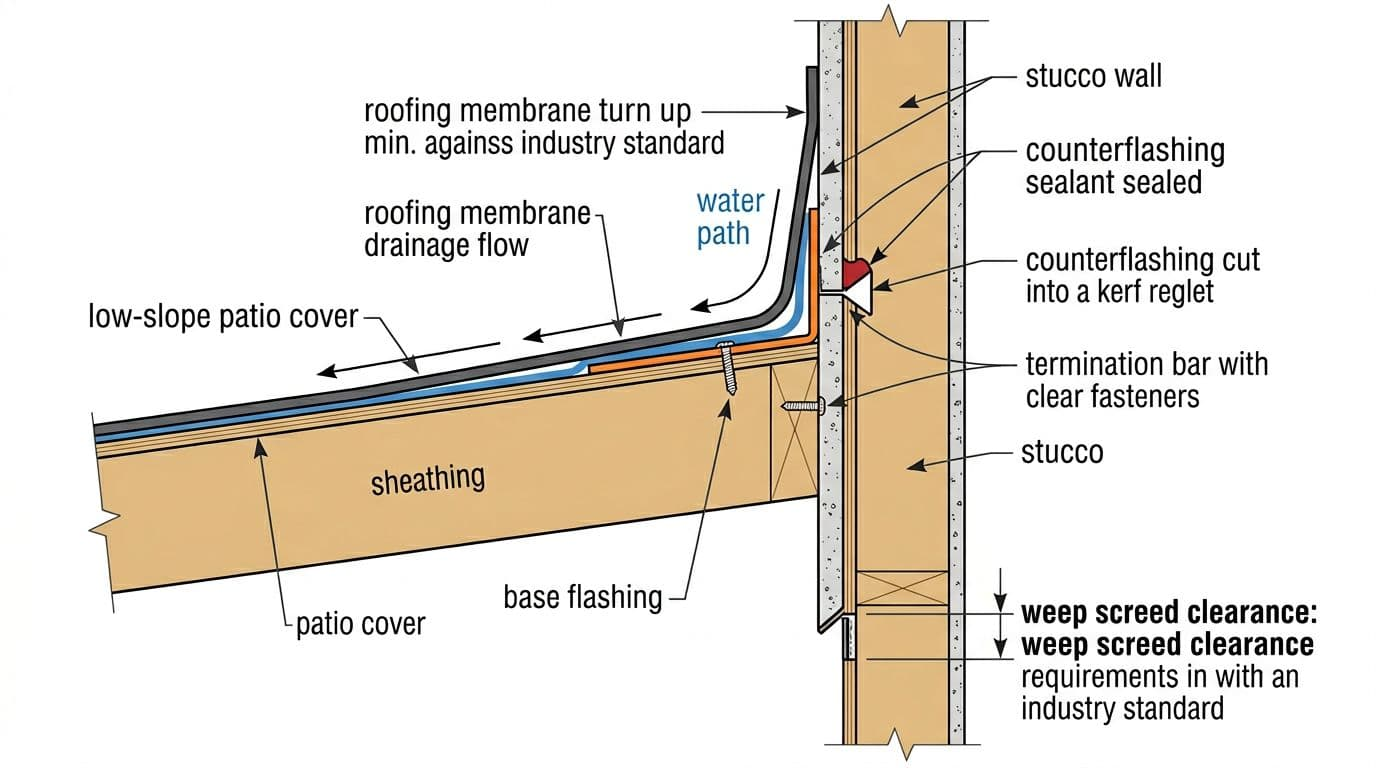 High-resolution vector linework diagram on white background showing low-slope patio cover (metal or membrane roof) abutting stucco wall in cross-section, with base flashing, counterflashing, waterproofing membrane, sealant, and water diversion details.