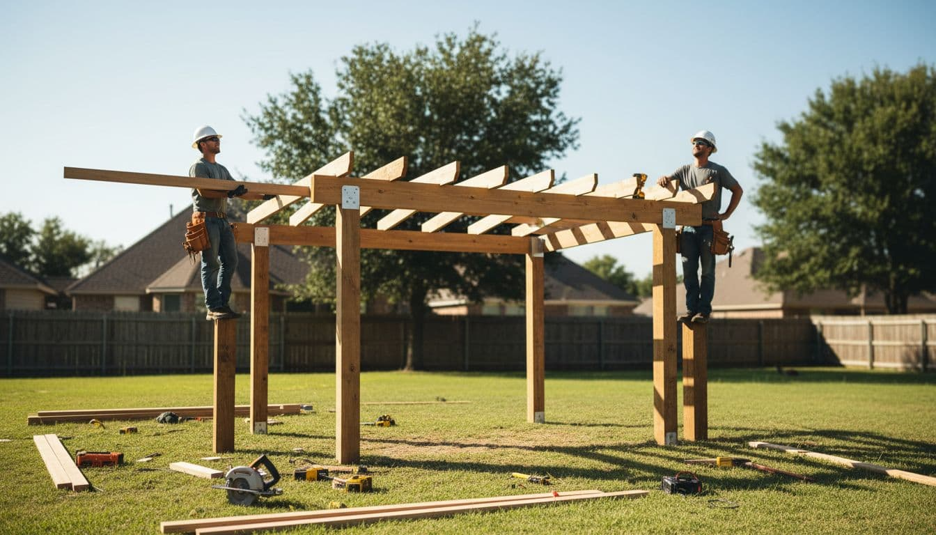 Two professional workers building a cedar patio cover in a North Texas backyard, installing beams and rafters on sturdy posts amid tools and materials on a sunny day.