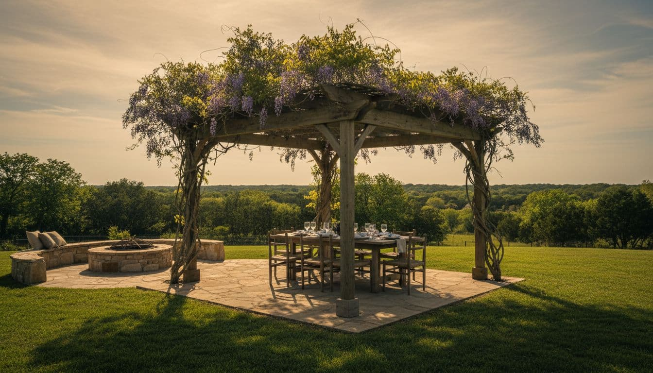 A freestanding cedar pergola with climbing vines graces a spacious Bartonville backyard, featuring a wooden dining table set for a meal with four empty chairs and a nearby stone fire pit, under dramatic afternoon side lighting with long shadows and cinematic contrast.