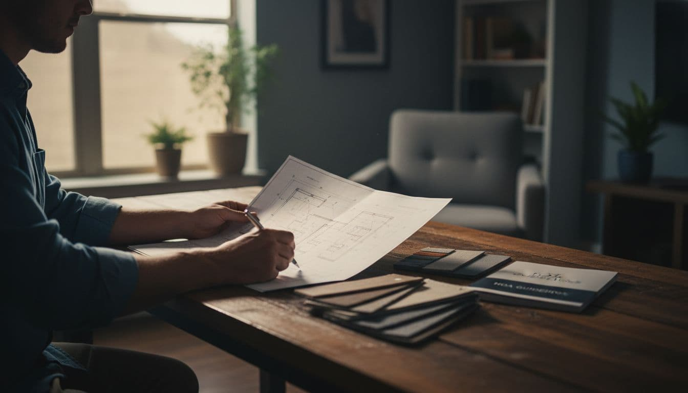 North Texas homeowner at wooden desk in home office reviews architectural plans, material samples, and HOA guidelines for patio cover approval, with focus on hands and documents in cinematic style.