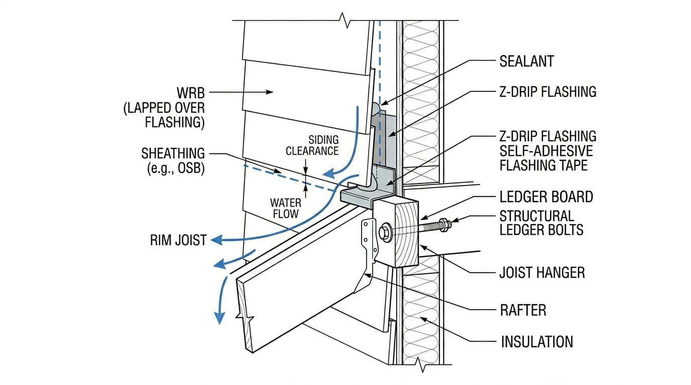 Clean technical cutaway diagram in vector blueprint style detailing patio cover ledger board attachment to siding wall, including bolting, Z-drip cap, flashing tape, termination bar, sealant, and water shedding paths.