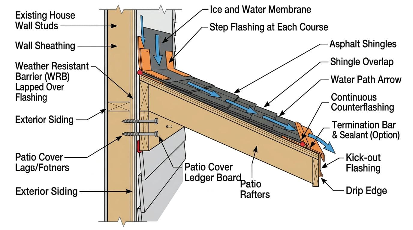 High-resolution vector linework diagram on white background showing side cross-section of attached patio cover ledger and roof meeting existing house wall with siding, featuring detailed flashing, water-shedding arrows, and callout labels.