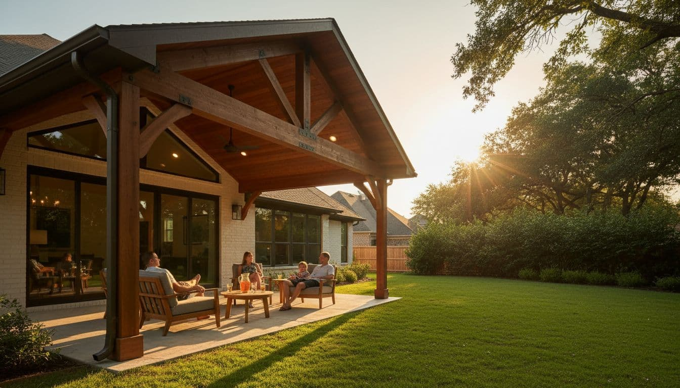 cedar patio installation Aubrey A spacious premium cedar patio cover attached to a modern home in a North Texas suburban backyard during golden hour sunset, with a family of three relaxing underneath amid lush greenery.