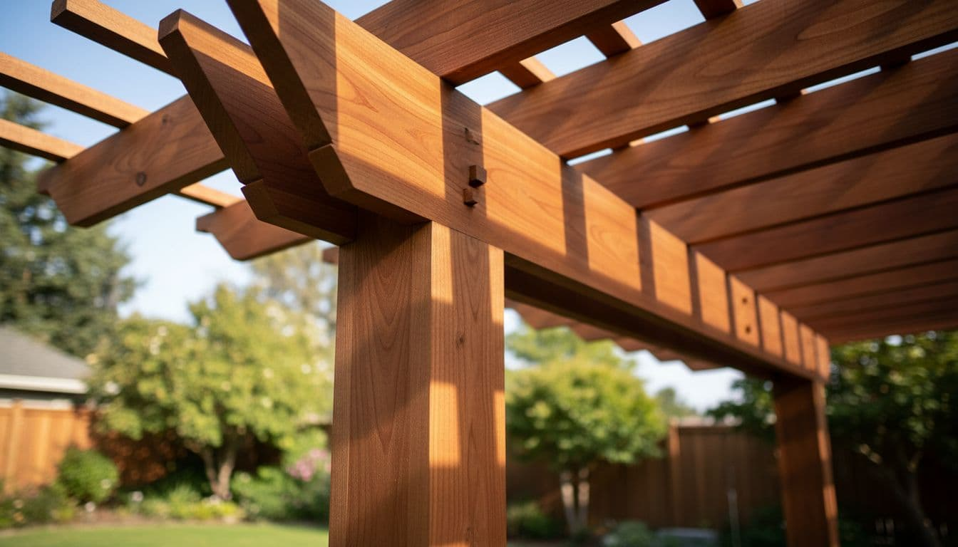 Close-up of detailed craftsmanship in a premium western red cedar patio structure, showcasing rich reddish-brown wood grain, sloped roof beams, clean joints, and sturdy posts in a backyard with soft natural light.