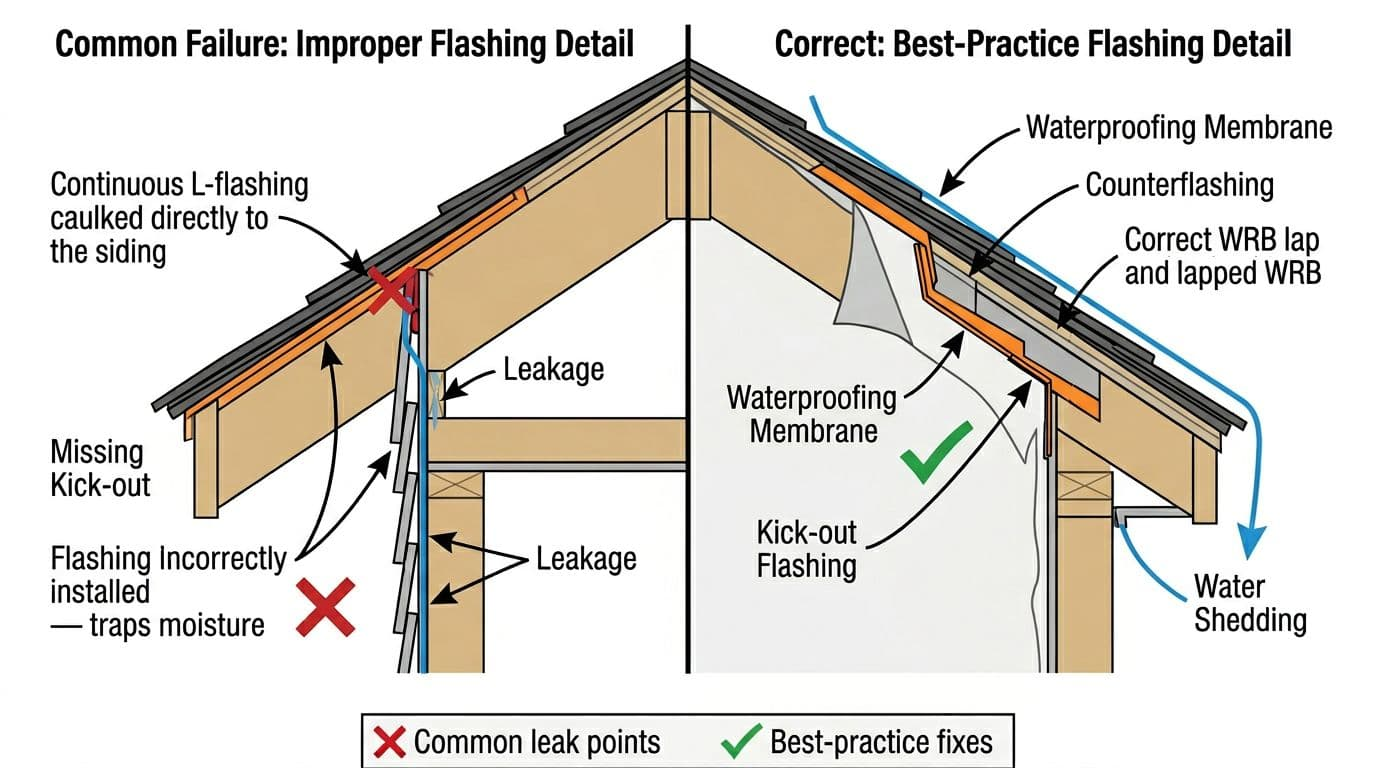 High-resolution vector linework split-view diagram contrasting common roof-to-wall flashing failures (left) with best-practice corrections (right), including step flashing, counterflashing, WRB lapping, and kick-out diverter.