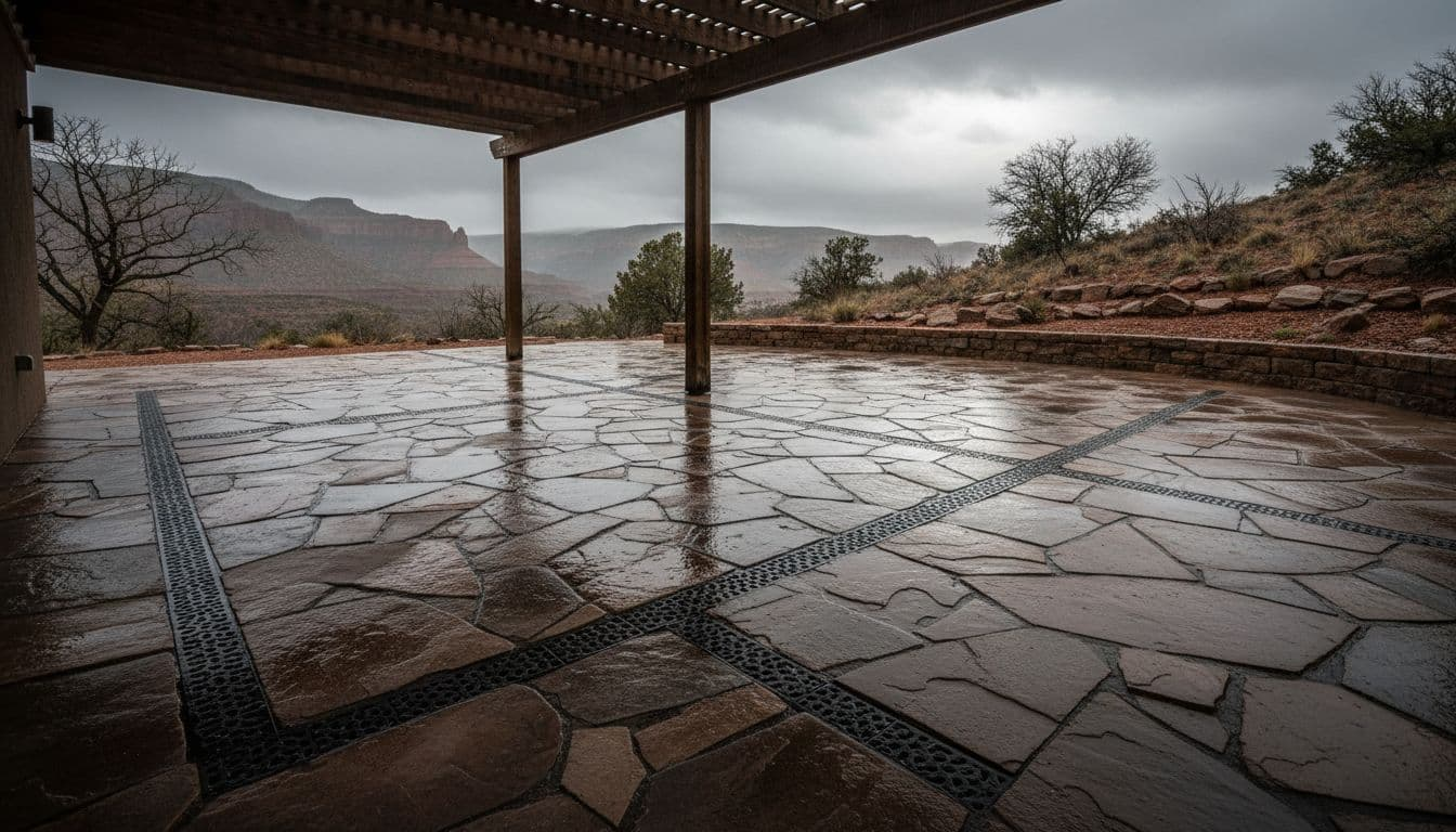 Sloped stone paver patio surface with integrated subtle drainage channels in a backyard after light rain, shaded by open pergola, capturing water flow and dry-ready surfaces in cinematic style.