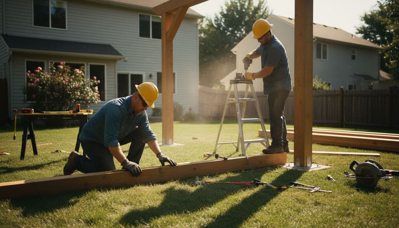 Two construction workers actively building a freestanding cedar patio cover in a suburban backyard, one measuring wood beams and the other securing posts amid scattered tools, captured in cinematic style with dramatic midday lighting.
