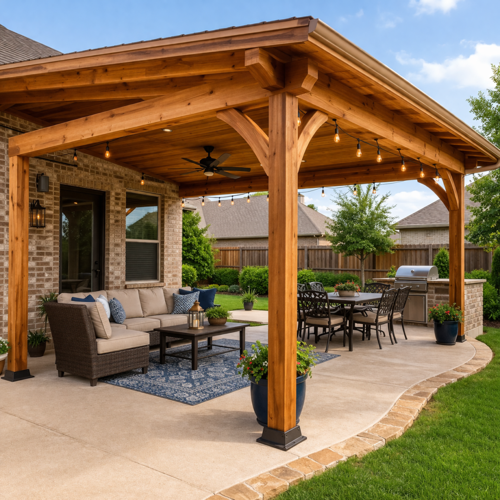 Attached patio covers or freestanding structures expand your outdoor living space seamlessly. Add cedar pergolas or shed patio covers for flexible shade.