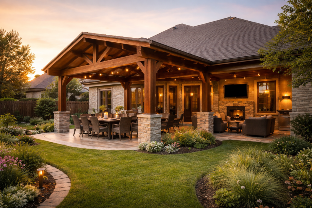 Beautiful finished backyard with wooden patio cover, outdoor dining setup, landscaped yard, upscale home exterior, golden hour lighting, inviting and premium feel