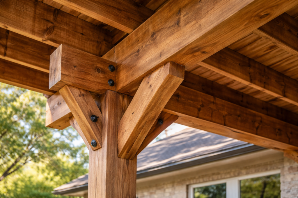 Close-up of thick wooden beams and joints of a patio cover, strong craftsmanship details, clean cuts, bolts and structure visible, sunlight highlighting texture