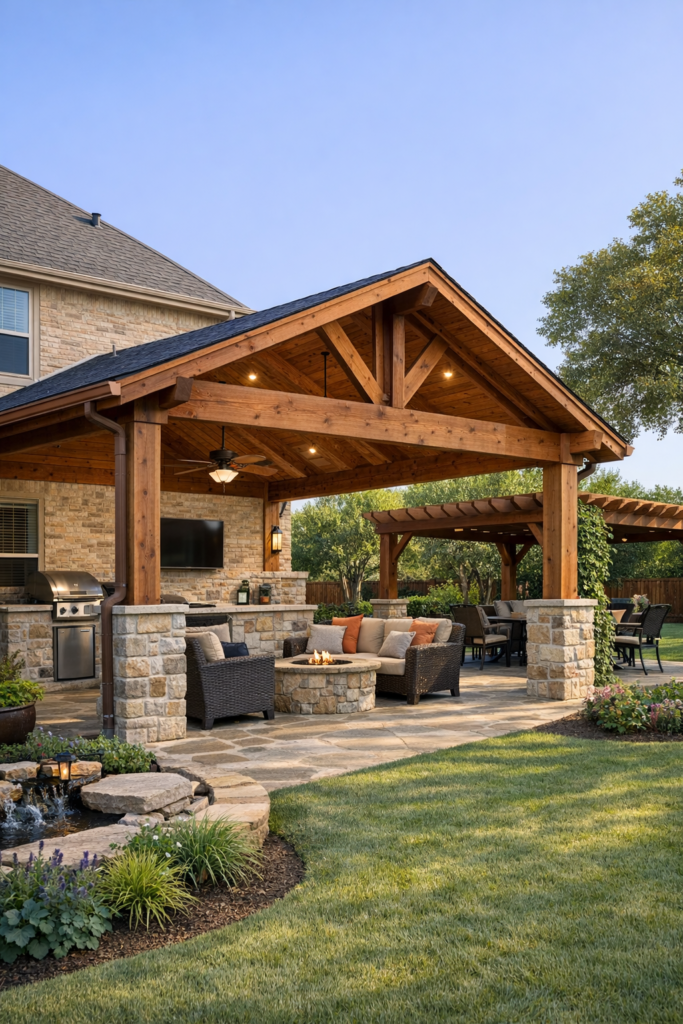 Custom cedar patio covers from JBN deliver real gains for Corinth TX homes. They turn bare patios into shaded retreats.