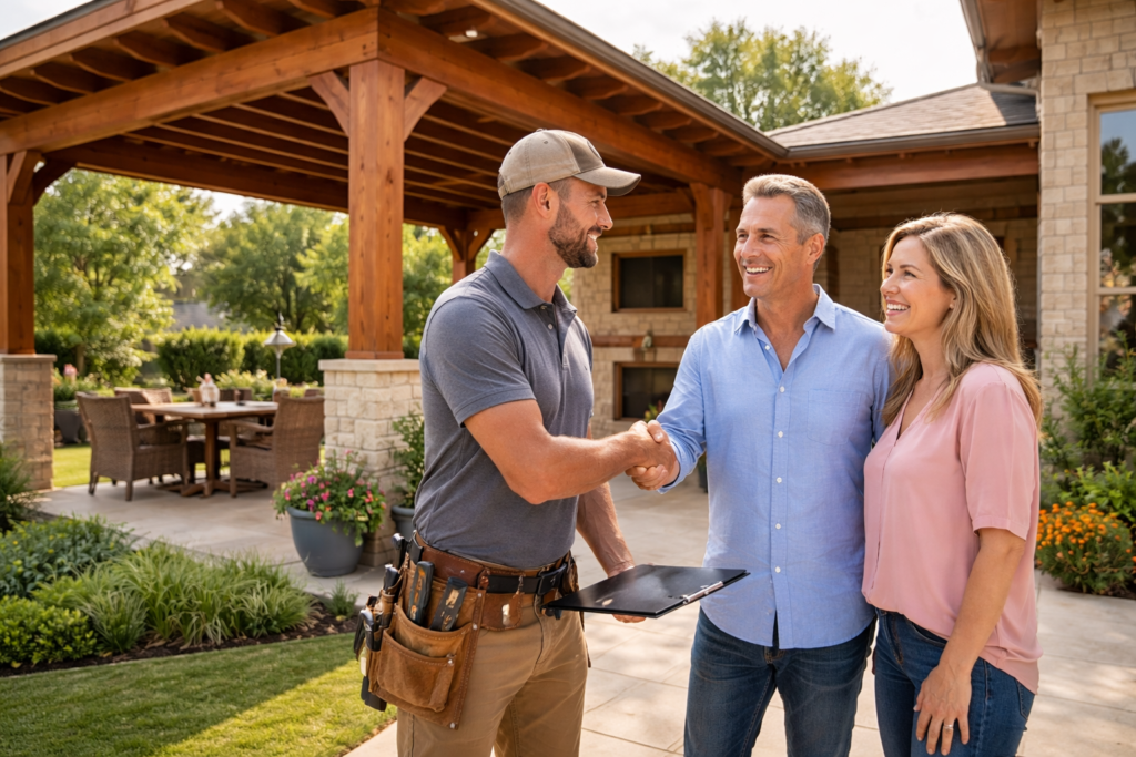 Happy homeowners talking with a contractor near a completed wooden patio cover, handshake moment, satisfied expressions, clean backyard setting,
