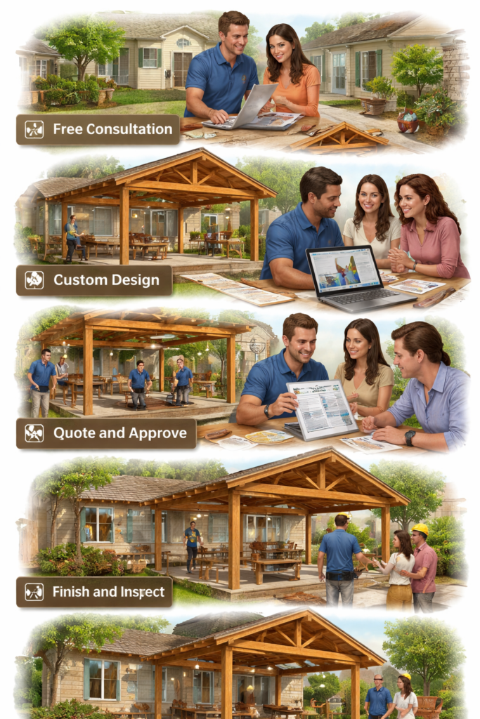 We make getting a cedar patio cover with professional installation simple and stress-free. Here's how it works step by step.