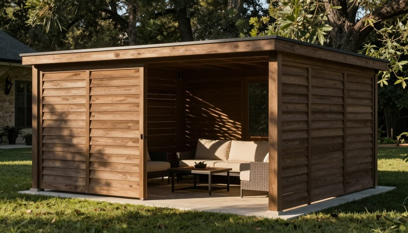 Freestanding adjustable louvered cedar patio cover in west-facing North Texas backyard with louvers closed to block low late-afternoon sun rays, creating deep shaded lounge area with sofa and table.