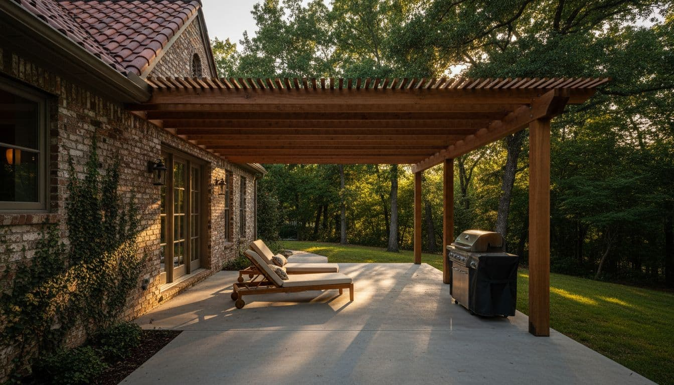 Cedar attached patio cover seamlessly extending from the roofline of a brick North Texas home, covering a concrete patio with lounge chairs and grill amid lush green backyard trees. Cinematic style with dramatic golden hour sunlight, strong contrast, and warm earth tones.