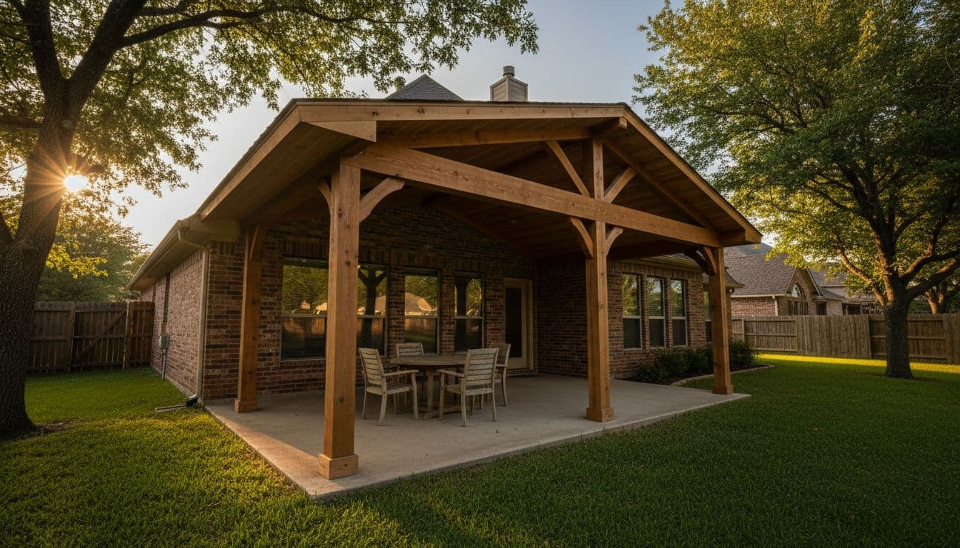 Custom cedar attached solid patio cover extending from brick North Texas home over concrete patio in lush west-facing backyard, providing cool shade in late afternoon sunlight with golden highlights.
