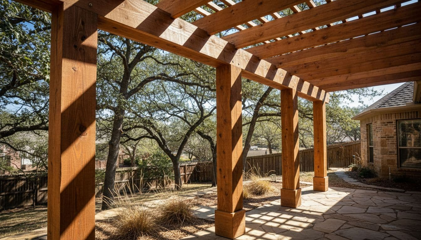 High-quality cedar wood beams, rafters, and posts form a sturdy patio cover structure in a North Texas backyard, with sunlight casting dramatic shadows that highlight the wood grain and construction strength in cinematic style.