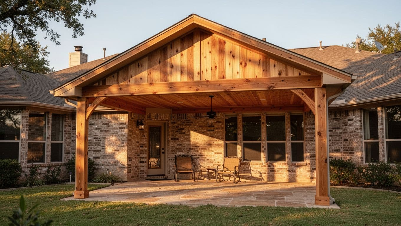 Cedar patio cover attached to a brick Texas home in Lewisville style, seamlessly matching the gable roofline with warm wood tones blending into the backyard at golden hour, cinematic style with dramatic lighting.