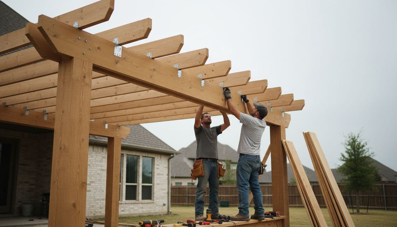 Close-up of two workers securing rafters to beams on a cedar patio cover in a suburban Northlake Texas yard, with fresh cedar stacks, tools, and overcast daylight.