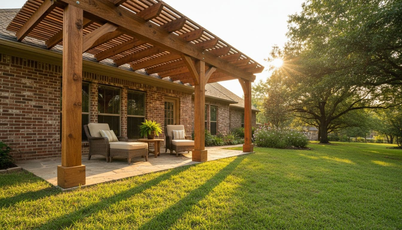 A sturdy cedar patio cover attached to a traditional North Texas brick home in a sunny backyard, featuring rich warm wood grain on beams and posts, lush green lawn, and patio furniture with exactly two lounge chairs and a small table underneath.