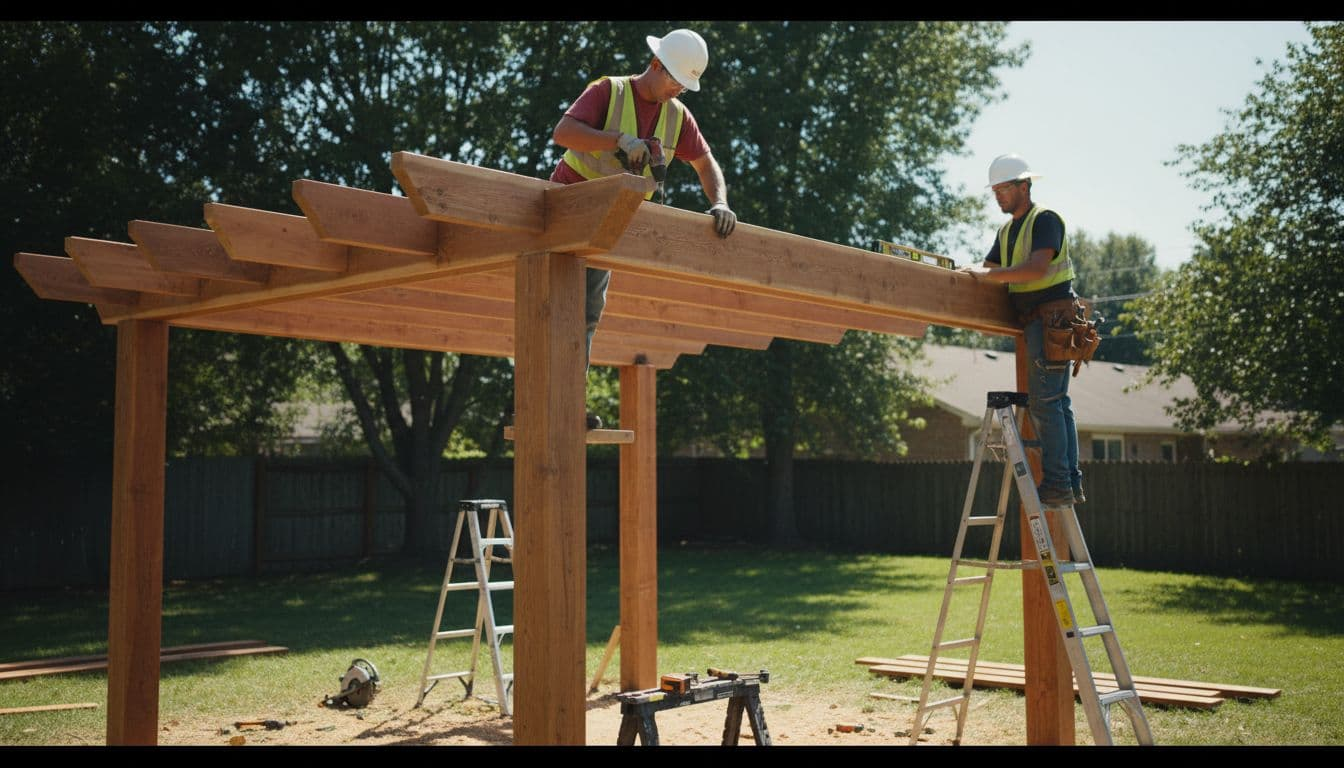 Backyard construction scene of a custom cedar patio cover with wooden posts and beams framed, two workers in hard hats securing rafters with tools nearby, detailed cedar wood under bright daytime sunlight with dramatic lighting and green yard background.