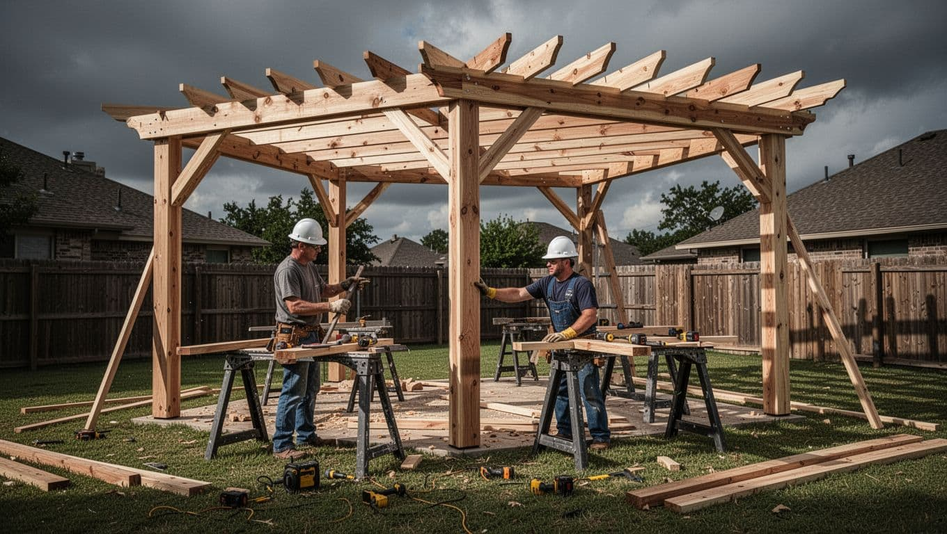 Two construction workers assemble the frame of a cedar patio cover in a sunny North Texas backyard, with beams, posts, sawhorses, and tools on the grass under a dramatic overcast sky.
