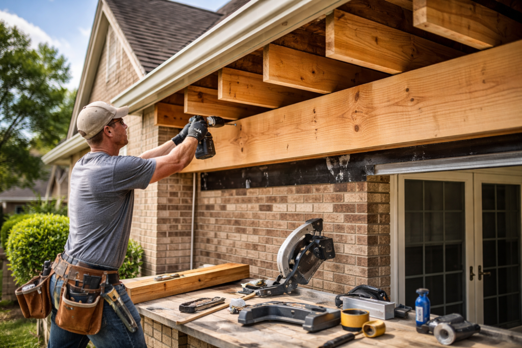 contractor installing a ledger board and tying a patio roof into an existing home structure, visible rafters connection
