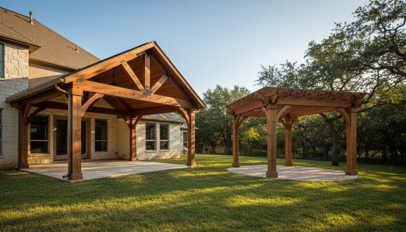 An attached gable-roof cedar cover blends with the house while a freestanding pergola stands nearby in a lush Texas backyard, showcasing rich wood grains and textures under dramatic natural lighting.