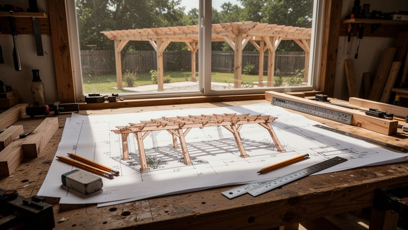 Detailed blueprint of a custom cedar pergola on a wooden drafting table in a bright Oak Point Texas workshop, with pencils, eraser, scale ruler nearby, soft window light, and backyard pergola visible through window.