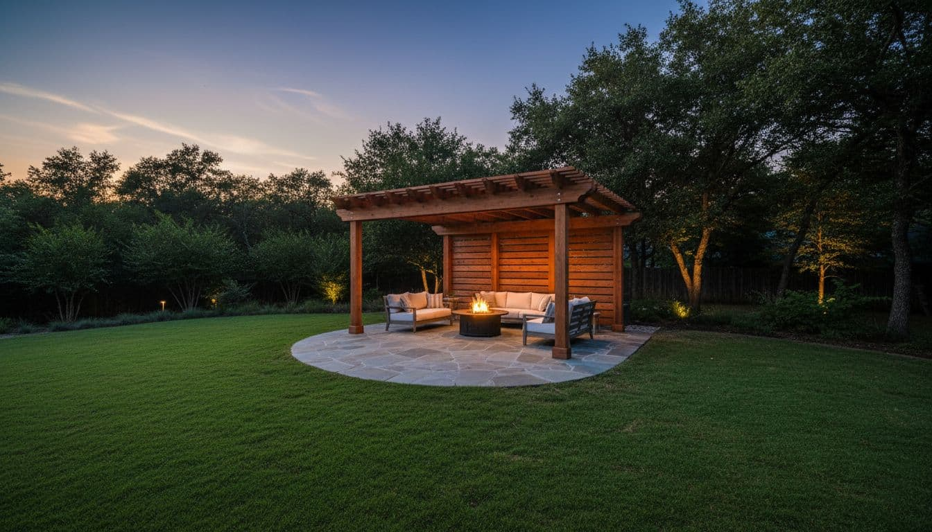 Custom cedar pergola in a modern Oak Point, Texas backyard at dusk, featuring warm dramatic lighting on rich wood grain and slatted roof, with lush green lawn, stone patio, and cozy outdoor furniture underneath.