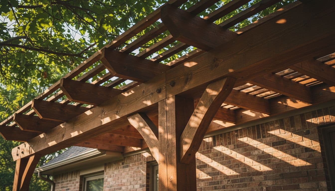 Close-up view of detailed cedar wood beams and rafters on a patio cover, showing rich reddish-brown grain and texture under dramatic sunlight filtering through leaves, attached to a brick home wall with subtle shadow play highlighting craftsmanship.