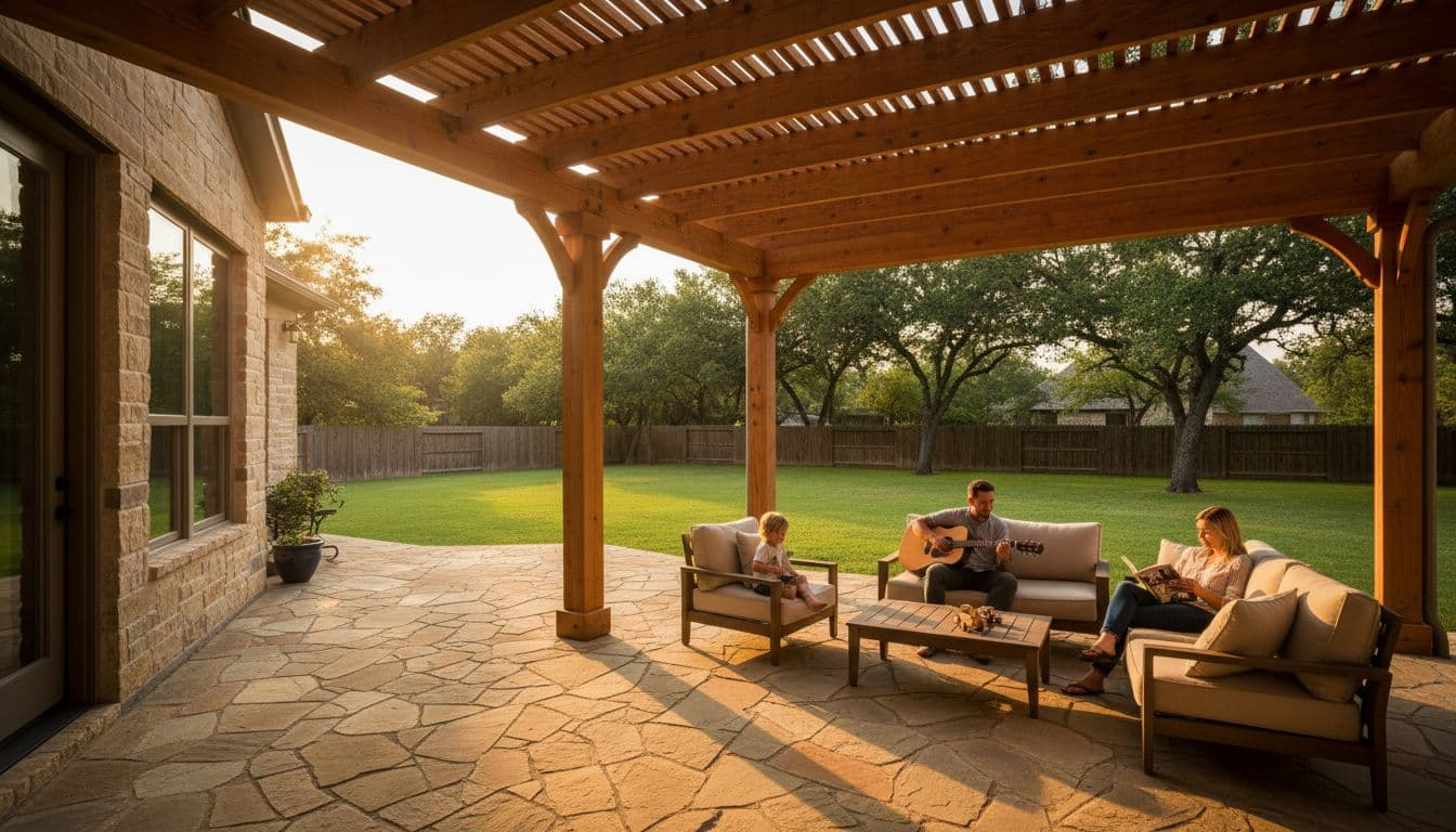 A spacious backyard with a custom cedar patio cover attached to a Texas-style home, where a family of three relaxes on patio furniture. Golden hour sunlight creates dramatic lighting and contrast, highlighting the warm cedar wood grain and lush green surroundings.