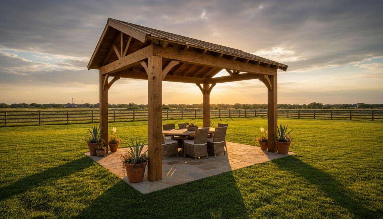 Freestanding cedar patio cover with four wooden posts and sloped roof provides shade over dining table, chairs, and potted plants in a spacious North Texas backyard, captured in cinematic golden hour lighting with warm earth tones.