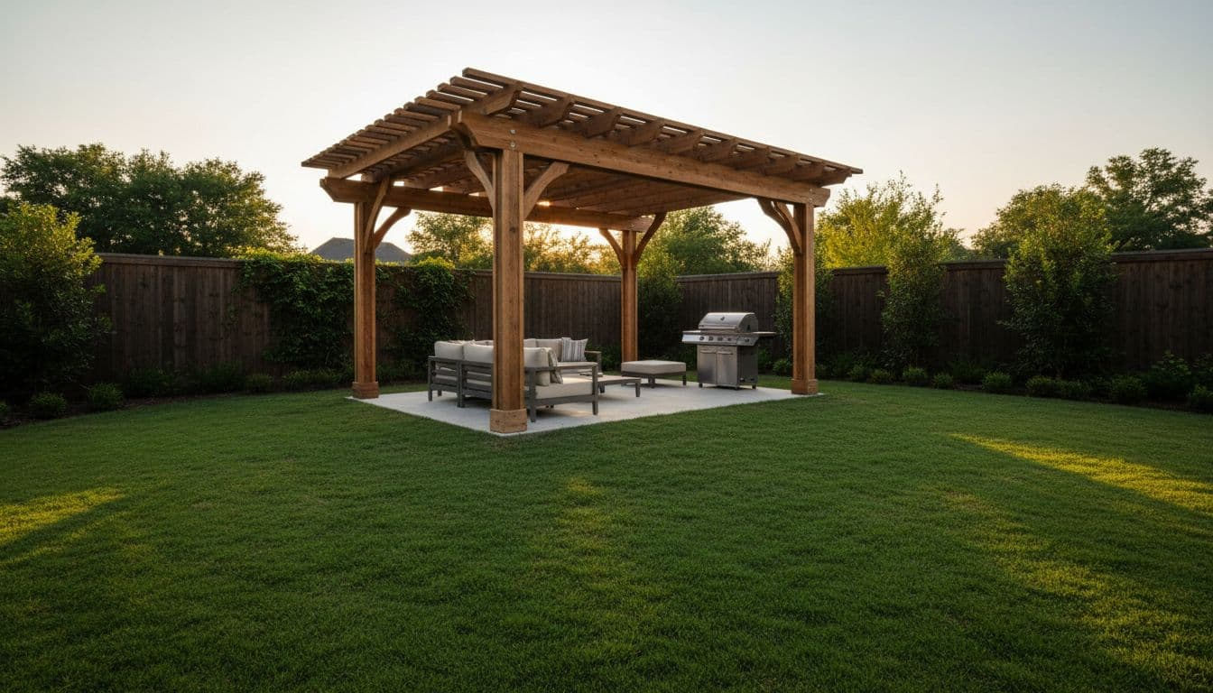 A freestanding cedar patio cover graces a lush backyard in Northlake, Texas, featuring clean modern design with exposed beams and rafters, lounge seating, and a grill under soft evening light with long shadows across the green lawn.