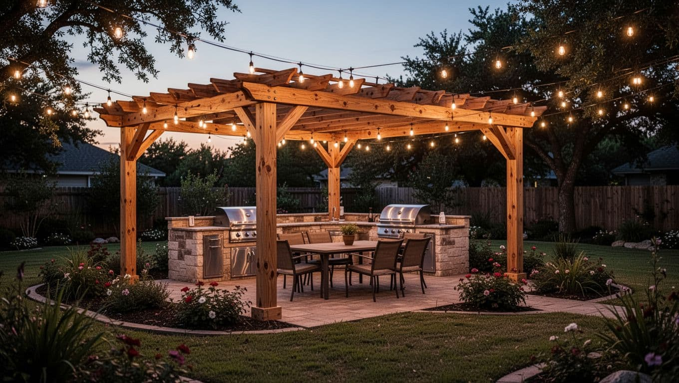 Freestanding cedar pergola in a spacious Texas backyard near Ponder, featuring an integrated outdoor kitchen with grill and seating, string lights overhead at dusk with warm ambient glow and lush landscaping.