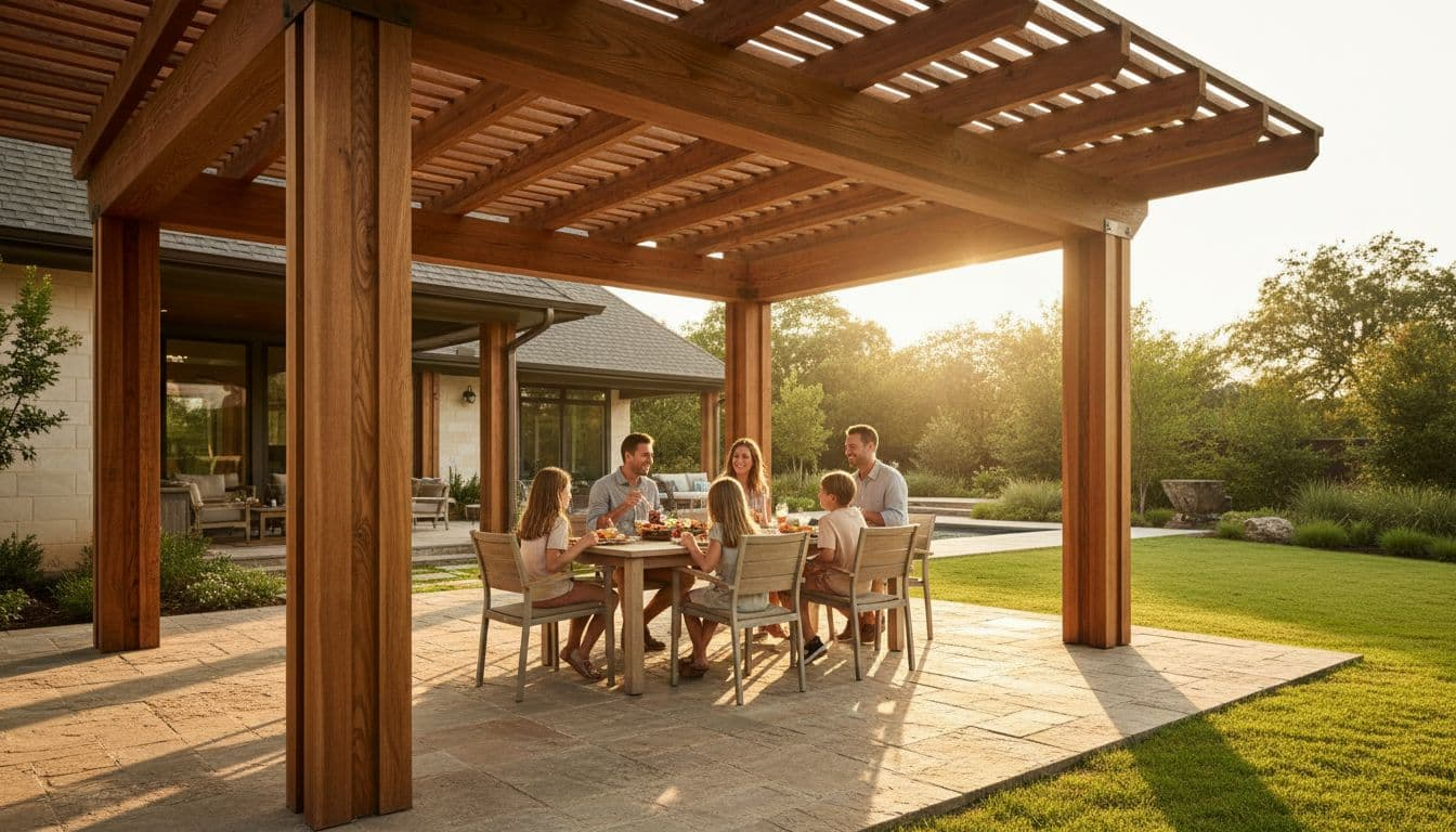 Spacious backyard cedar patio cover on a modern Texas home in Hickory Creek, with a family of four enjoying dinner under warm golden hour sunlight, cinematic style.