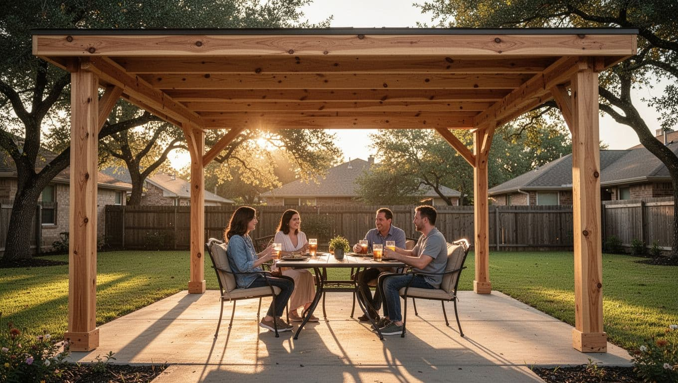 Spacious attached cedar patio cover over a backyard patio in a suburban Highland Village Texas home, with a family of four relaxing and dining underneath during golden hour sunset, featuring warm light, long shadows, cinematic style with strong contrast and depth.