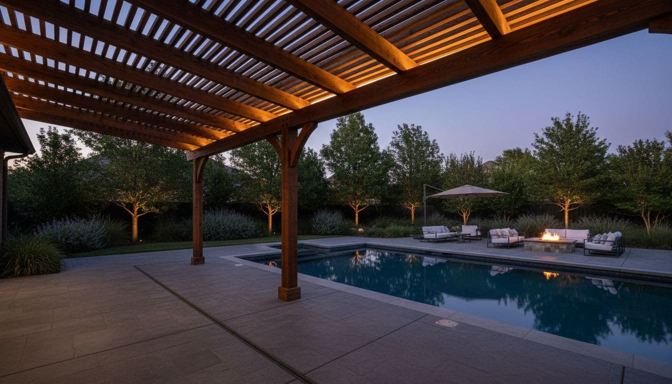 A luxury cedar shade structure spans over a modern poolside patio in an upscale Flower Mound backyard, with pool reflections, greenery, distant lounge chairs, umbrella, and fire pit under cinematic dusk lighting with warm highlights.