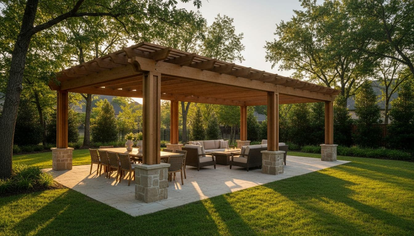 Luxury cedar shade structure featuring clean exposed beams and sturdy posts covers a spacious patio with lounge seating and dining table in an affluent Flower Mound, Texas suburban backyard, illuminated by golden hour sunlight for dramatic cinematic depth.