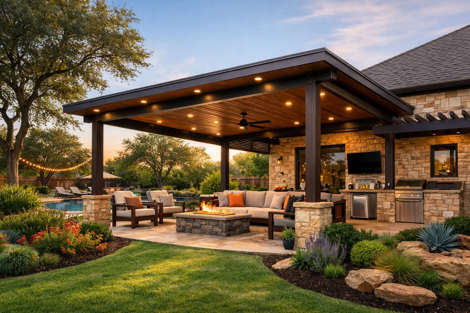 Texas premium patio cover in backyard