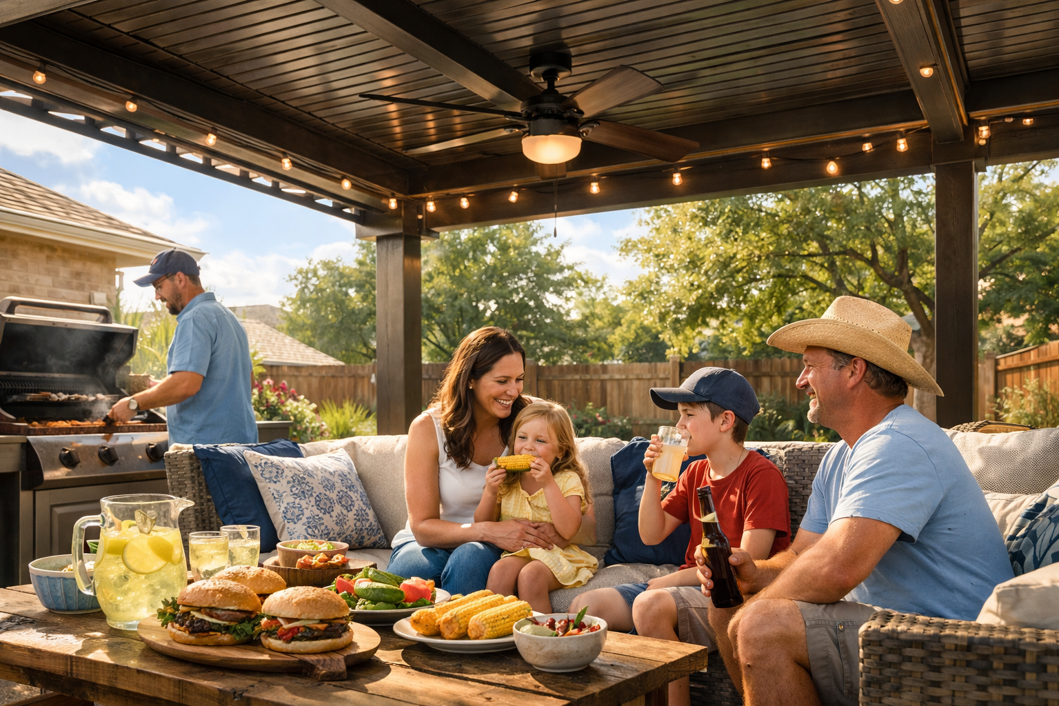 Family enjoying shaded patio area